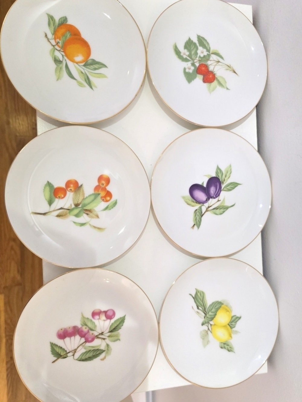 LV CO White Fruit Porcelain Plates with Gold Rim - 6 Japan Vintage